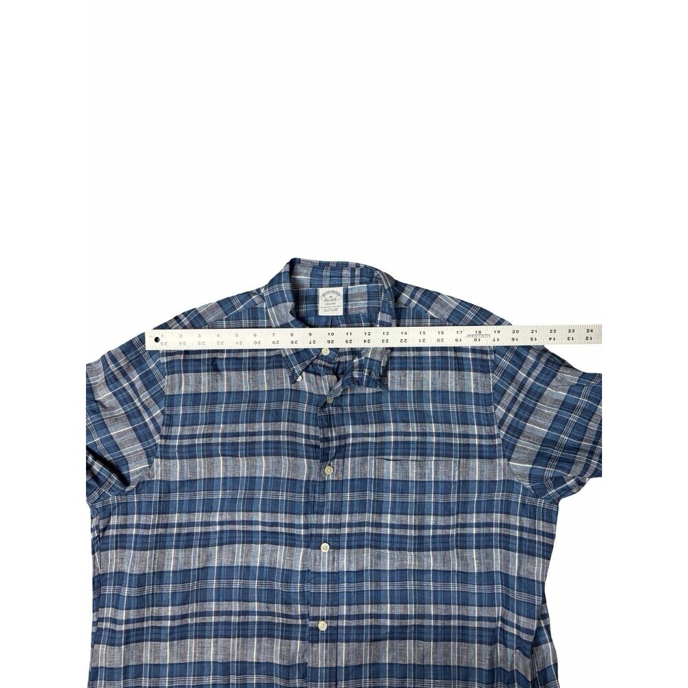 Brooks Brothers Men's XL Linen Plaid Button-Down Shirt Blue Green Brown White - Picture 6 of 8